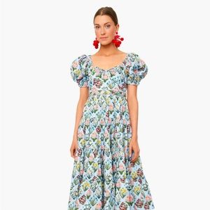 NWT Agua Bendita Palmera Magdalena Day Cotton Midi Dress Blue Floral Pri…